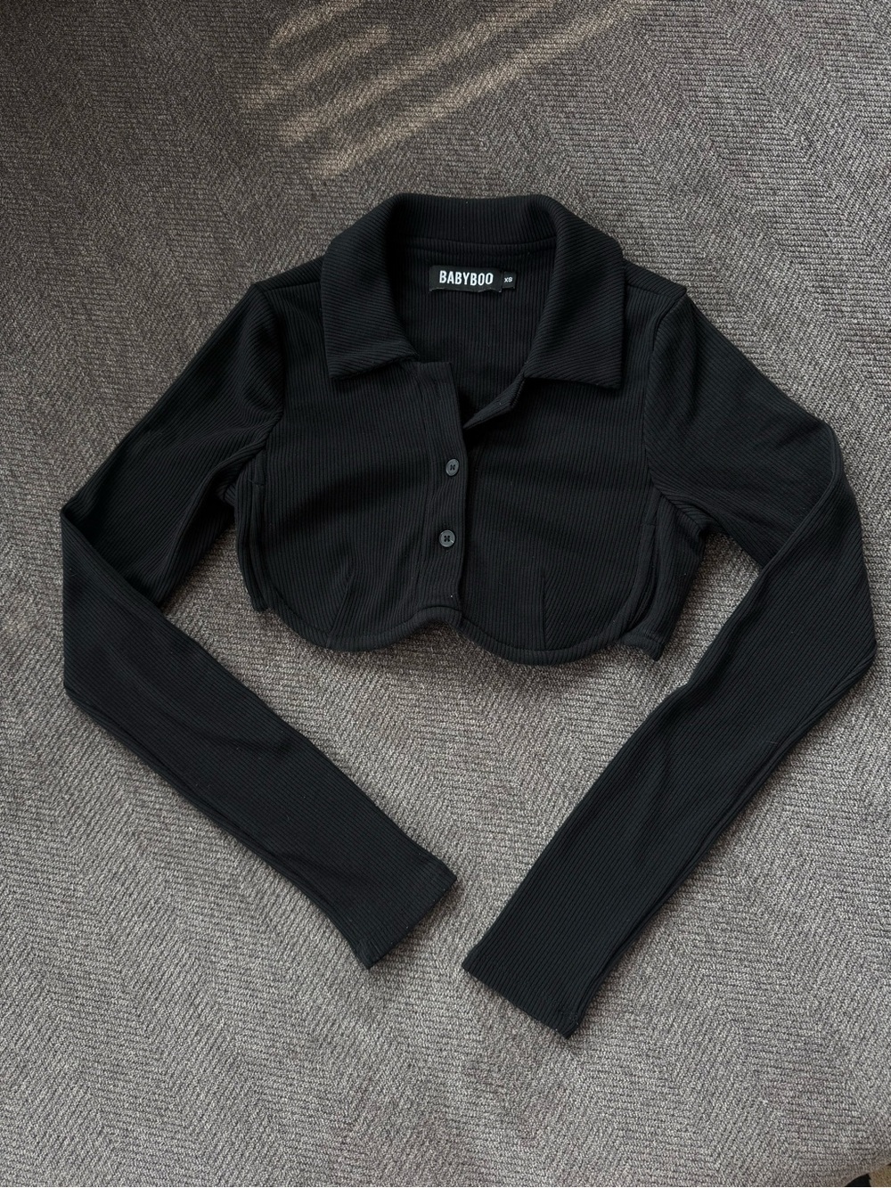 Babyboo Black Ribbed Cropped Long-Sleeve Polo